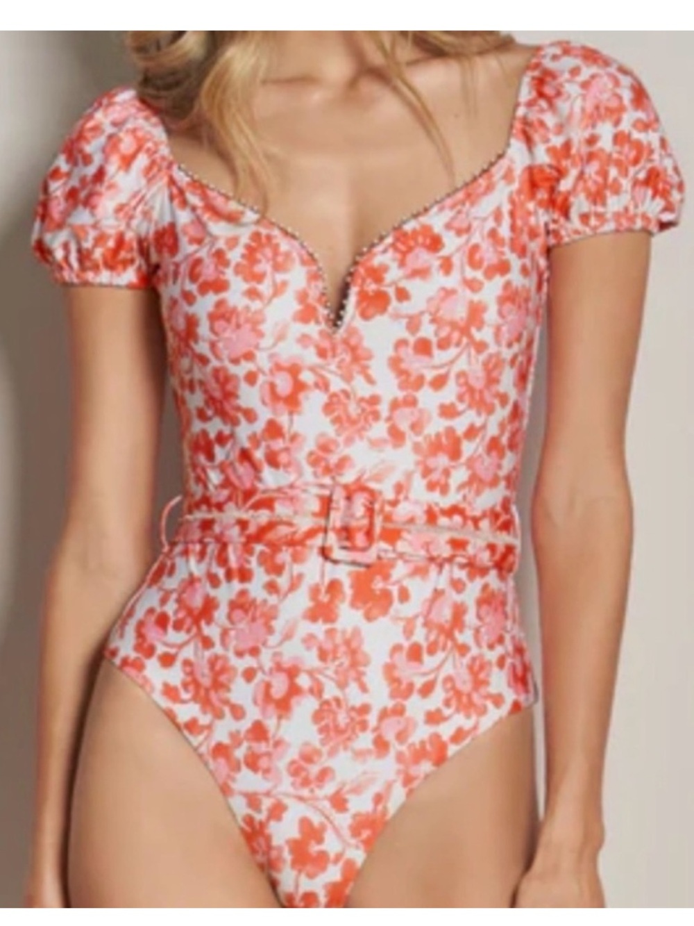 Cosita Linda One Piece Floral Swimsuit with Sweetheart Neckline and Belt Size L